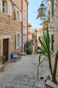 eine Gasse mit Gebäuden und einer Topfpflanze auf einer Straße in der Unterkunft Modern Stone House, luxury suites in Dubrovnik Old Town in Dubrovnik