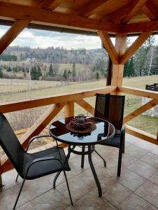 a screened in porch with a table and two chairs at Apartmani Šarović Tara in Rača