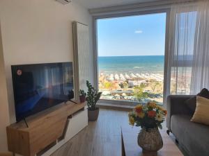 sala de estar con TV de pantalla plana y ventana grande en Alee Infinity Pool & Spa by Black Sea en Mamaia Nord – Năvodari