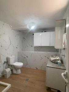 a white bathroom with a toilet and a counter at Hotel Gjika in Sarandë