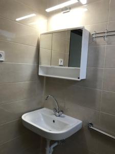 a bathroom with a sink and a mirror at Lukács nyaralóház in Balatonfenyves +16 photos