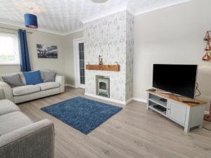 a living room with a tv and a fireplace at Cynefin in Llangefni