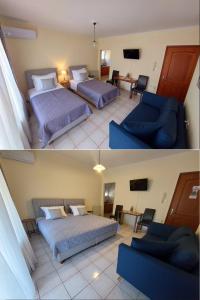dwa zdjęcia sypialni z dwoma łóżkami i kanapą w obiekcie Eleni's Apartments Igoumenitsa - Γκαρσονιέρα 2ου ορόφου επιπλωμένη, εξοπλισμένη w mieście Igoumenitsa