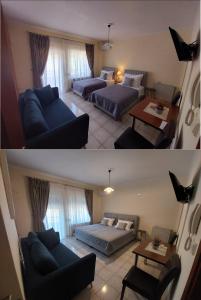 salon z 2 łóżkami i pokój z kanapą w obiekcie Eleni's Apartments Igoumenitsa - Γκαρσονιέρα 2ου ορόφου επιπλωμένη, εξοπλισμένη w mieście Igoumenitsa