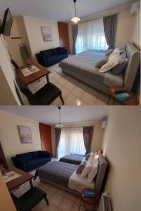 2 zdjęcia sypialni z łóżkiem i salonu w obiekcie Eleni's Apartments Igoumenitsa - Γκαρσονιέρα 2ου ορόφου επιπλωμένη, εξοπλισμένη w mieście Igoumenitsa