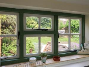 eine Küche mit vier Fenstern in einer grünen Wand in der Unterkunft Damson Cottage in Bridgwater + 4 Fotos