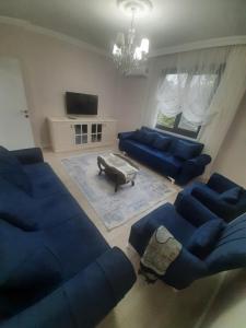 a living room with blue couches and a tv at Müstakil villa in Trabzon