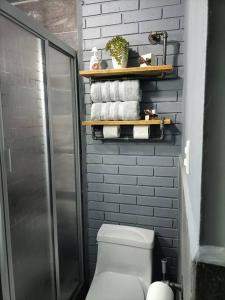 a bathroom with a toilet and a shelf with towels at Depto San Angel 4, Planta alta, Cd Juarez Chih Mex in Ciudad Juárez