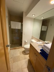a bathroom with a toilet and a large mirror at Departamento Playa Punta Diamante in Acapulco
