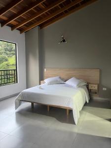 a bedroom with a large bed with a large window at Casa campestre en el corazón de envigado in Envigado