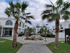 a courtyard with palm trees in front of a building at Aphrodite Beachfront Apartment - North Cyprus in Ghaziveran