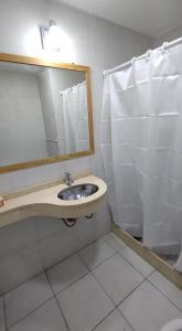 a bathroom with a sink and a mirror and a shower at Marcos Paz 100 in San Miguel de Tucumán