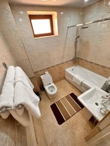 a bathroom with a toilet and a sink and a tub at Suleyman hotel in Bukhara