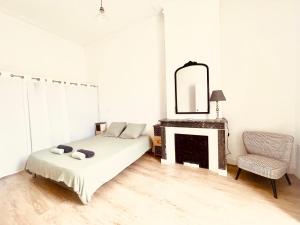 a bedroom with a bed and a mirror and a chair at NEMAUSA APARTIS in Nîmes
