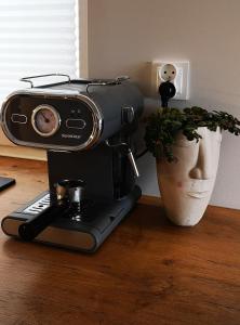 une machine à café assise sur une table avec une plante dans l'établissement Apartament Manhattan, à Płock