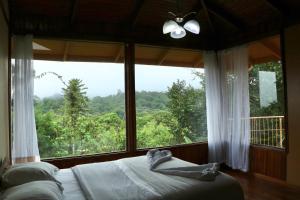 a bedroom with a bed and a large window at Poas Volcano & La Paz Waterfall Cabins 