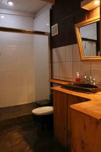 a bathroom with a toilet and a sink at Poas Volcano & La Paz Waterfall Cabins 