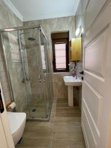 uma casa de banho com um chuveiro, um WC e um lavatório. em Villa Hania Boutique Hotel - Adults only em Side