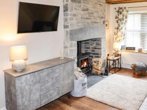 a living room with a stone fireplace and a tv at Glan William in Dolwyddelan