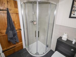 a shower with a glass door in a bathroom at Glan William in Dolwyddelan
