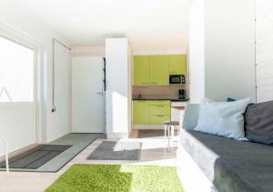 ein Wohnzimmer mit einem Sofa und einer Küche in der Unterkunft Yksiö Turun Hirvensalossa in Turku