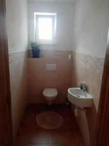 La salle de bains est pourvue de toilettes, d'un lavabo et d'une fenêtre. dans l'établissement Apartmány Jablunkov, à Jablunkov