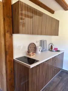 uma cozinha com armários de madeira e uma bancada em Apartmani nisicka oaza 2 em Ilijaš