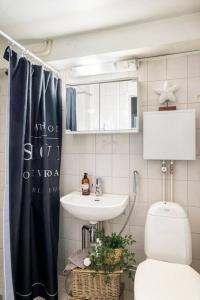 a bathroom with a toilet and a sink at Tilava ydinkeskustakaksio ilmaisella autopaikalla in Tampere