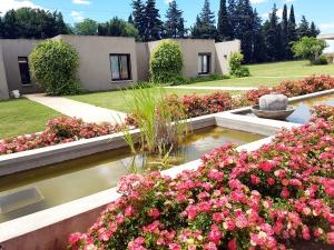 a garden with pink flowers and a pond at Les Madones in Nîmes