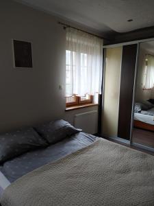 - une chambre avec un lit et un grand miroir dans l'établissement Apartament U Aśki, à Jelenia Góra
