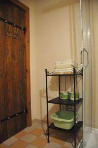 a bathroom with a green toilet and a shower at Chata Balówka in Cisna