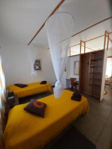 two beds in a room with yellow sheets at BKZ Self-Catering in Solitaire