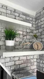 uno scaffale con una bicicletta, un orologio e piante di (Wifi +Netflix)JOIGNY Au coeur de quartier historique a Joigny