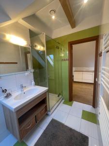 La salle de bains est pourvue d'un lavabo et d'une douche. dans l'établissement Comfortable apartments - Nature, silence, coziness, à Kėdainiai