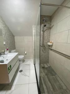 ein Bad mit einer Dusche, einem Waschbecken und einem WC in der Unterkunft Iris House AL Azores in Ponta Delgada