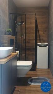 a bathroom with a toilet and a sink and a shower at Nyskie Ustronie in Nysa +20 photos