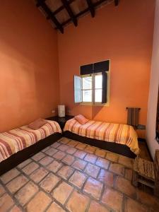 two beds in a room with orange walls and a window at La Vaca Tranquila in San Carlos