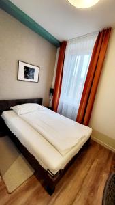 Bett in einem Zimmer mit einem großen Fenster in der Unterkunft Hotel Pestalozzi Lugano in Lugano
