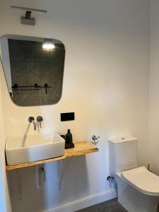 La salle de bains est pourvue d'un lavabo et de toilettes. dans l'établissement Polana Gorska Mirsk, à Mirsk