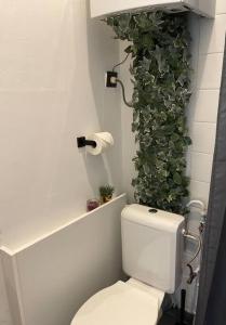 a bathroom with a toilet with a green plant on the wall at Private studio in Antwerp in Antwerp