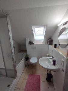 a bathroom with a sink and a toilet and a shower at Ferienwohnung Down Under am Bodensee in Uhldingen-Mühlhofen