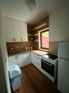 uma pequena cozinha com armários brancos e uma janela em Holiday Home Harmony em Mostar