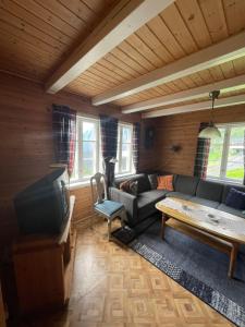 a living room with a couch and a tv at Kvam - Stegastein in Aurland