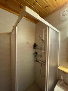La salle de bains est pourvue d'une douche avec une porte en verre. dans l'établissement Kvam - Stegastein, à Aurland