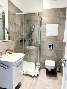 bagno con doccia, lavandino e servizi igienici di Cozy, zentrumsnahe 2-Raumwohnung a Lipsia