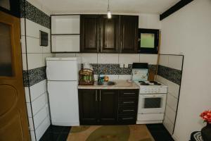 a small kitchen with a white refrigerator and a sink at Koliba TAMAN in Konjic