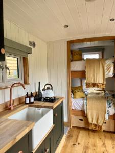 a kitchen with a sink and a bunk bed at Cwtch Cader Shepherds Hut in Llanelltyd