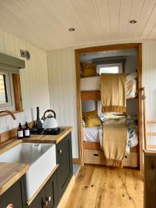 a kitchen with a sink and a bunk bed at Cwtch Cader Shepherds Hut in Llanelltyd