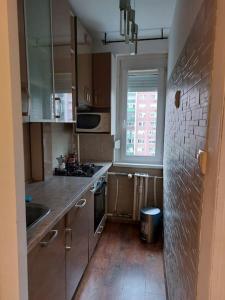 eine kleine Küche mit einem Waschbecken und einem Fenster in der Unterkunft Erzsebet Apartman, free parking in Budapest