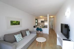 a living room with a couch and a tv at Relaxing Apartment with Ocean Views in Puerto Rico de Gran Canaria